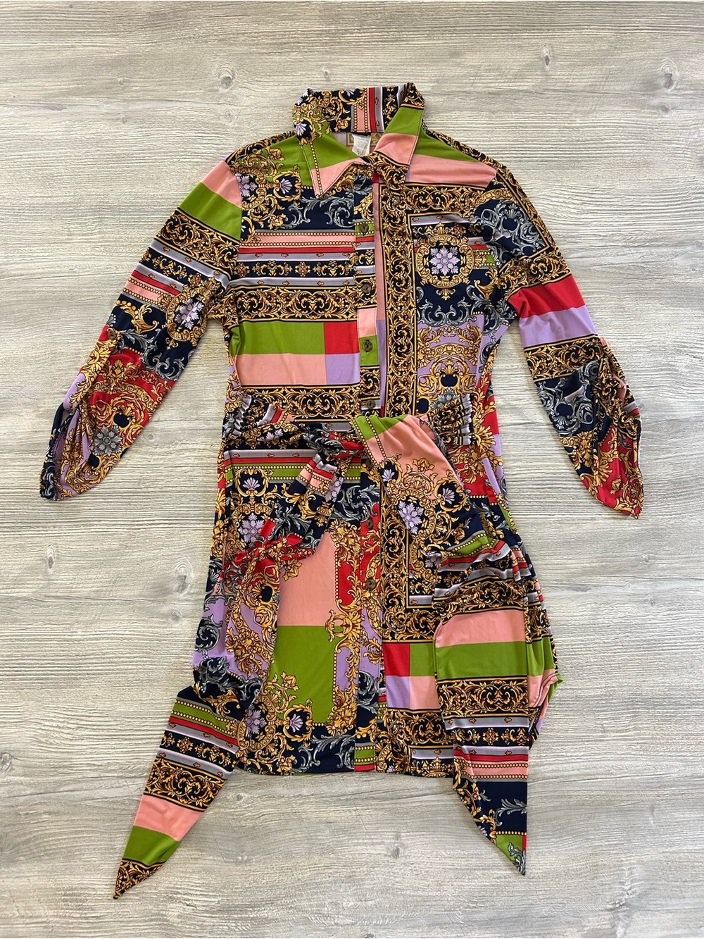 Fashion Nova Baroque Chain Print Shirt Dress Size M Multi-Color Wrap Tie Collar